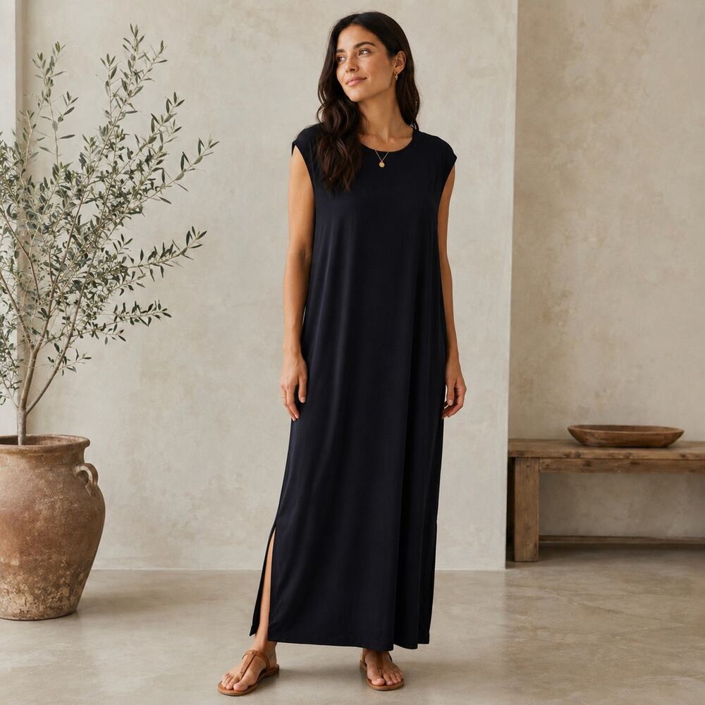 Eileen Fisher Navy Viscose Jersey Maxi Tunic Dress L Minimalist Luxe Soft